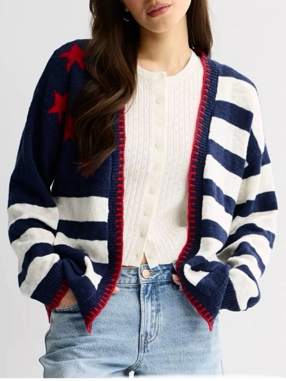 NEW Women’s USA Red, White & Blue Striped Open Front Cardigan Stars & Stripes
